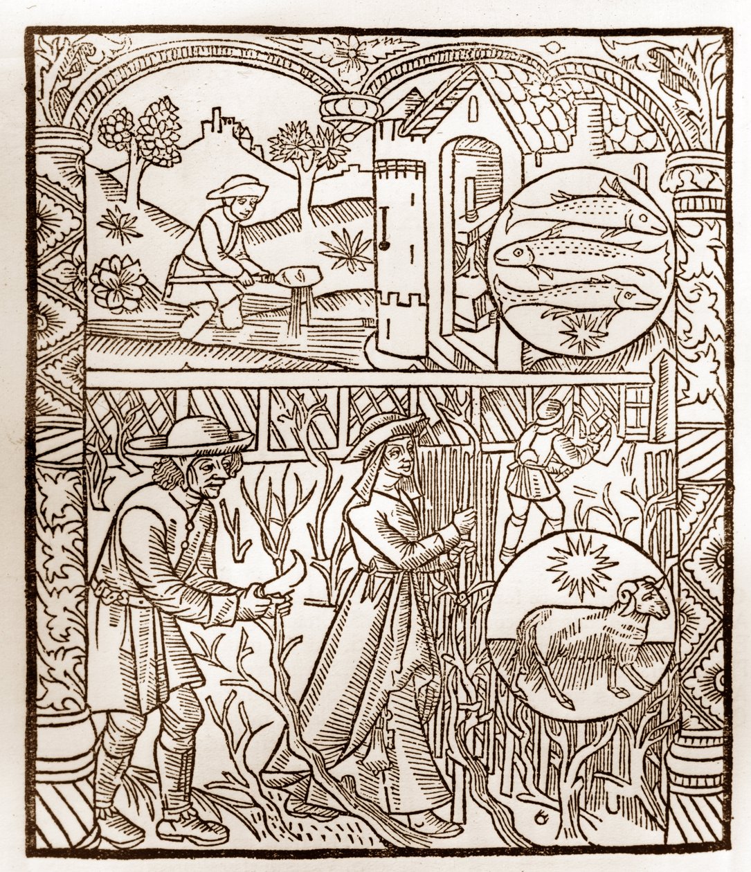 Pásztornaptár - A hónapok munkája - március - Fametszet a Guy Marchant (Guido Mercator) által Troyes-ban nyomtatott 1496-os könyvből - Fametszet a „Le grand Calendrier et compost des shepherds”-ben - alkotó: Guy Marchant