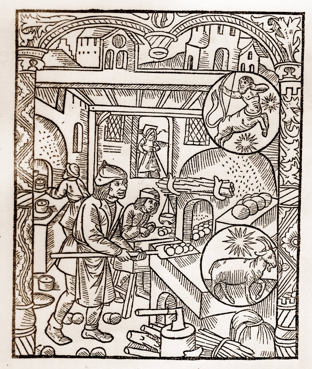 Pásztornaptár – A hónapok munkája – november – Guy Marchant (Guido Mercator) által Troyes-ban nyomtatott 1496-os könyvből fametszet – Fametszet a „” Le grand Calendrier et compost des shepherds”-ben” – Kenyérsütő alkotó: Guy Marchant