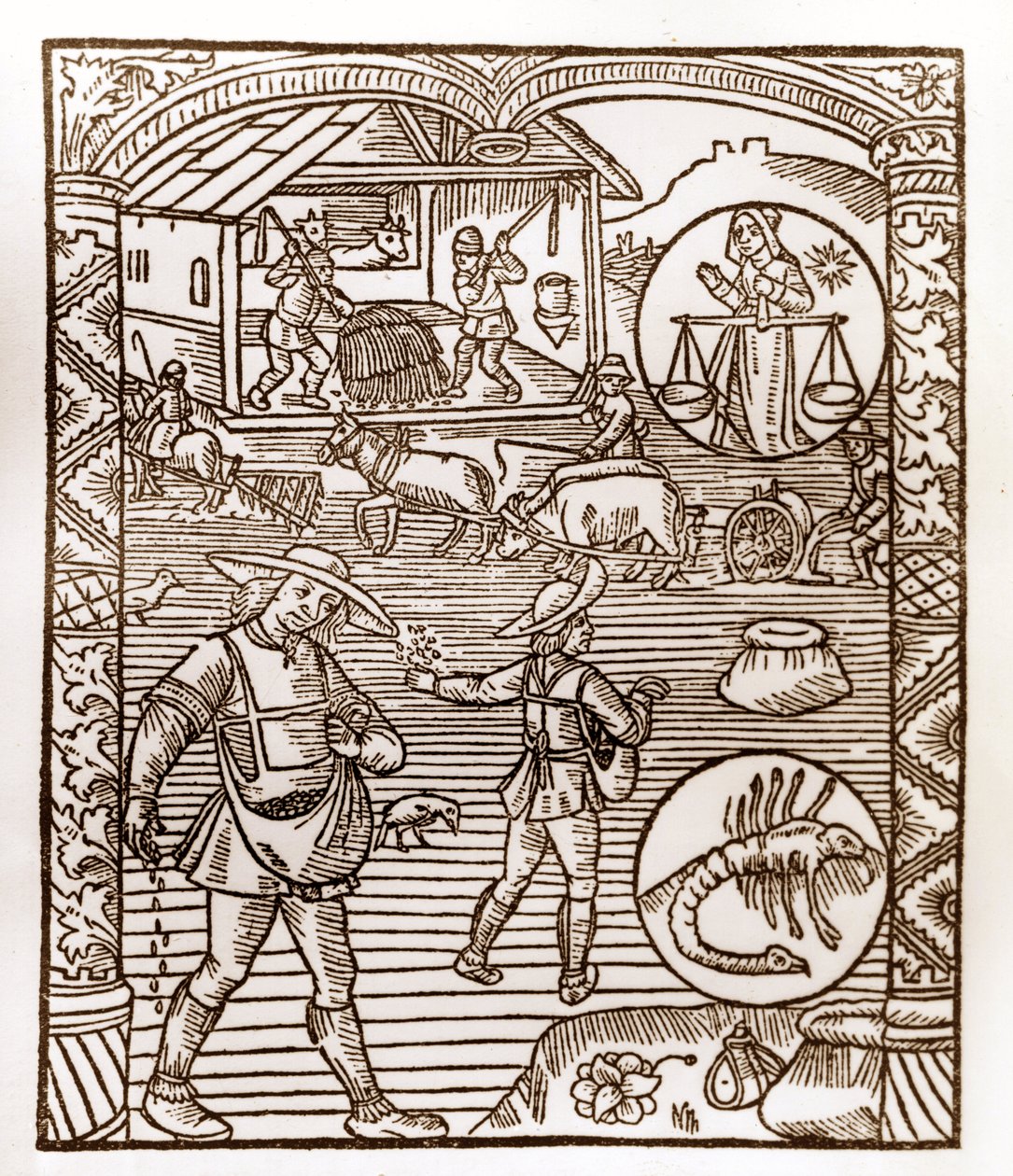Pásztornaptár – A hónapok munkássága – szeptember – Guy Marchant (Guido Mercator) által Troyes-ban nyomtatott 1496-os könyvből fametszet – Au premier plan, des peassans sement a la volee – Fametszet a „Le grand Calendrier et compost des shepherds”-ben – alkotó: Guy Marchant