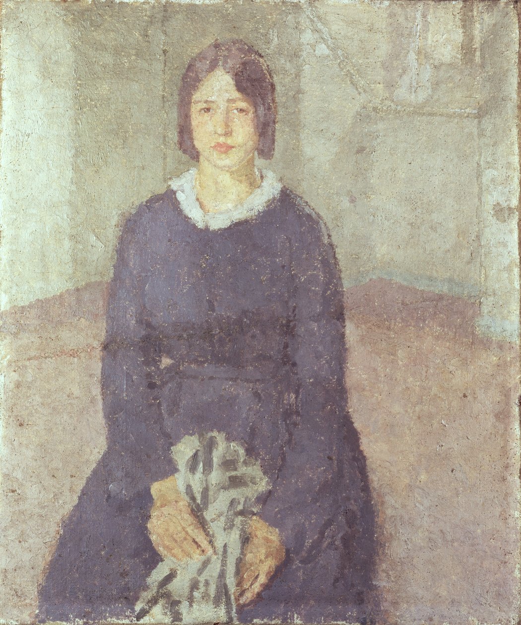 Lány egy kék ruhában, aki egy darab varrást tart alkotó: Gwen John