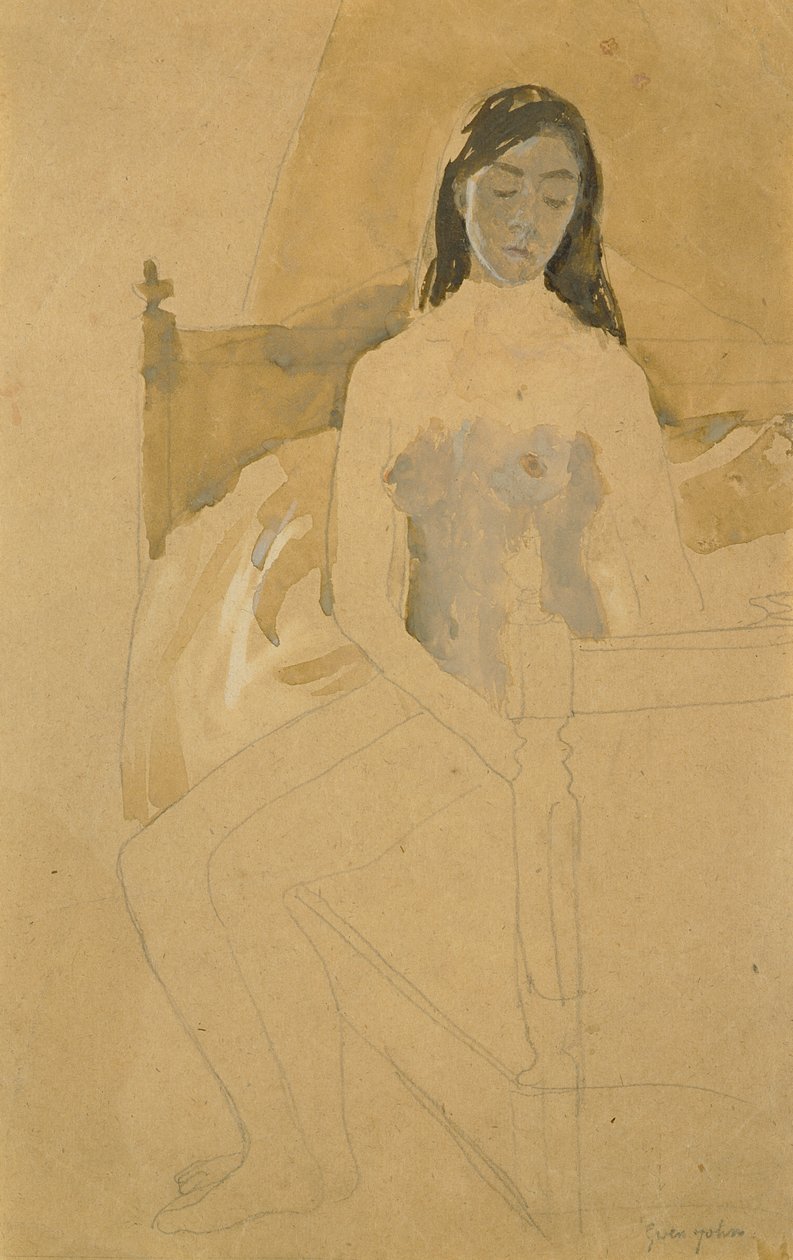 Önarckép, meztelenül, ágyon ülve (ceruza és WC papíron) alkotó: Gwen John