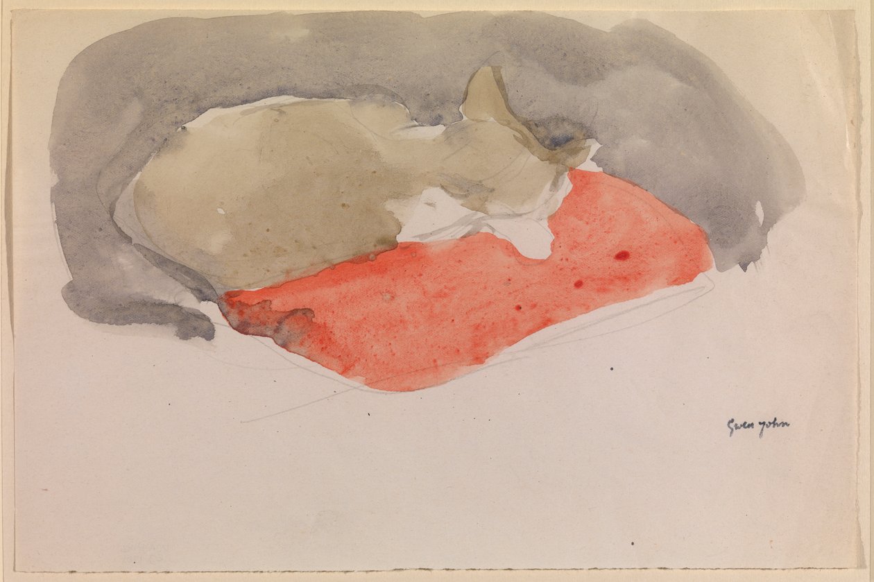Vörös párnán alvó macska (guache és ceruza papíron) alkotó: Gwen John