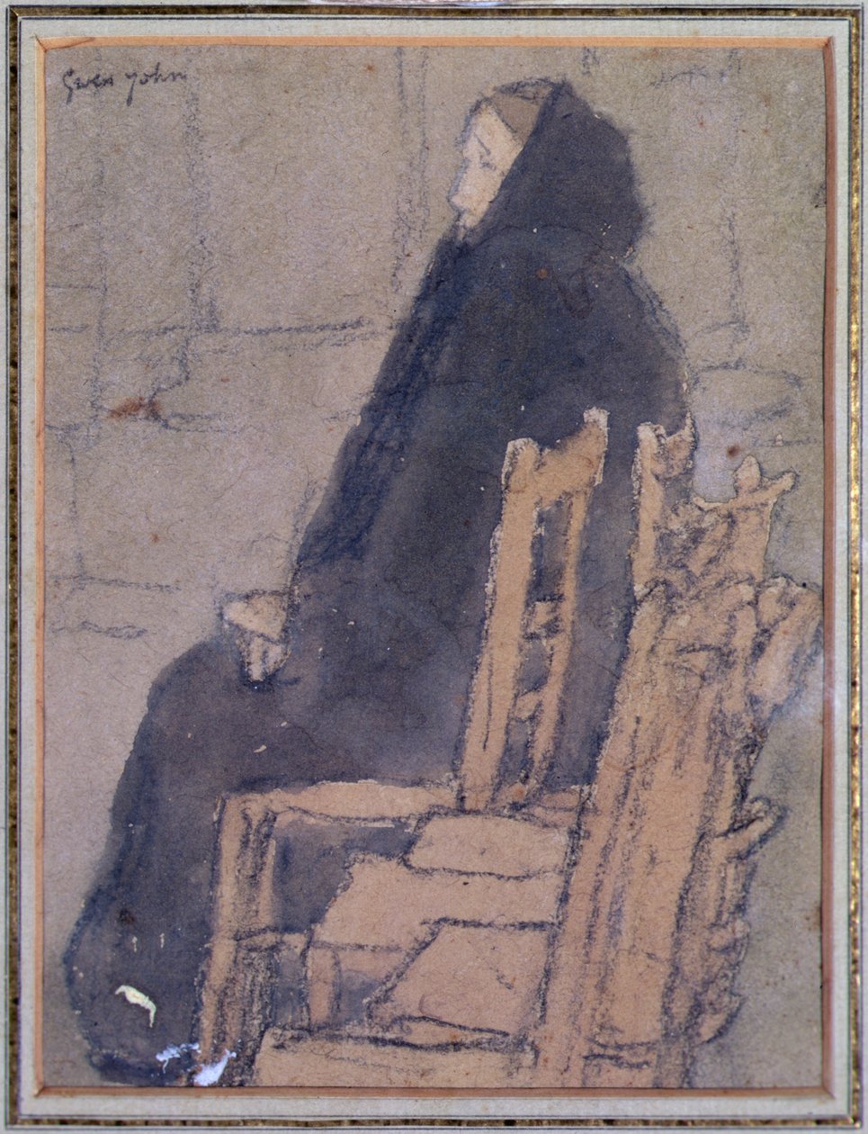 Öregasszony fekete kendőben (akvarell, testfesték és fekete zsírkréta bézs színű papíron) alkotó: Gwen John