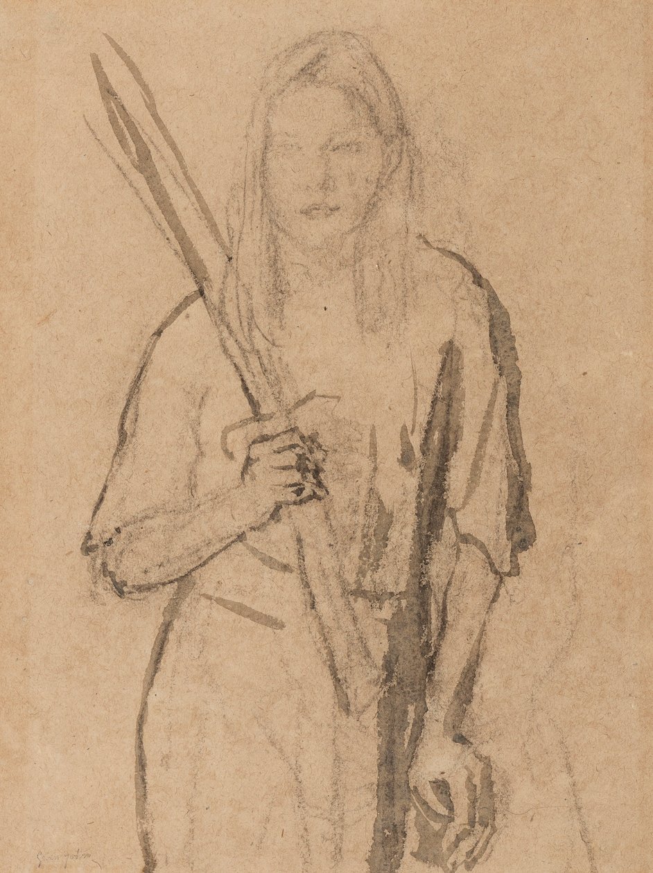 Álló lány faoszloppal a kezében (ceruza és mosás papíron) alkotó: Gwen John