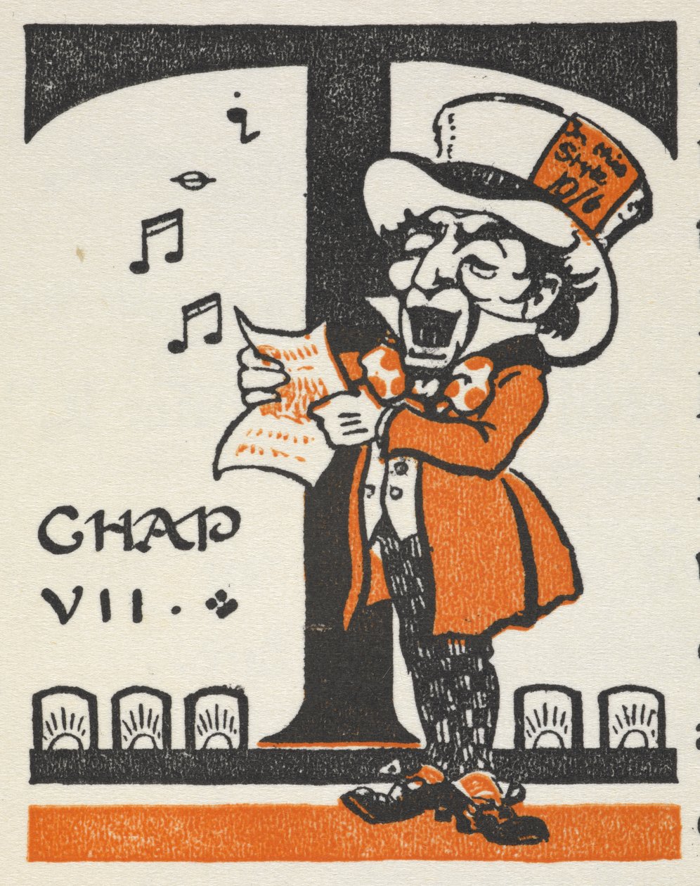 Világító T betű, a Mad Hatter énekel egy dallapról. alkotó: Gwynedd M. Hudson