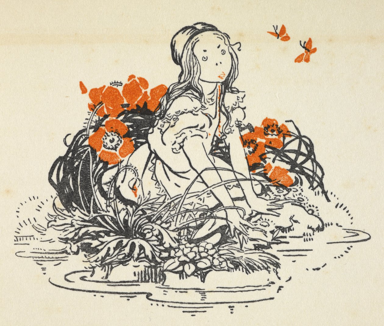 Illusztráció: Alice egy medence mellett, mákokkal és pillangókkal körülvéve alkotó: Gwynedd M. Hudson