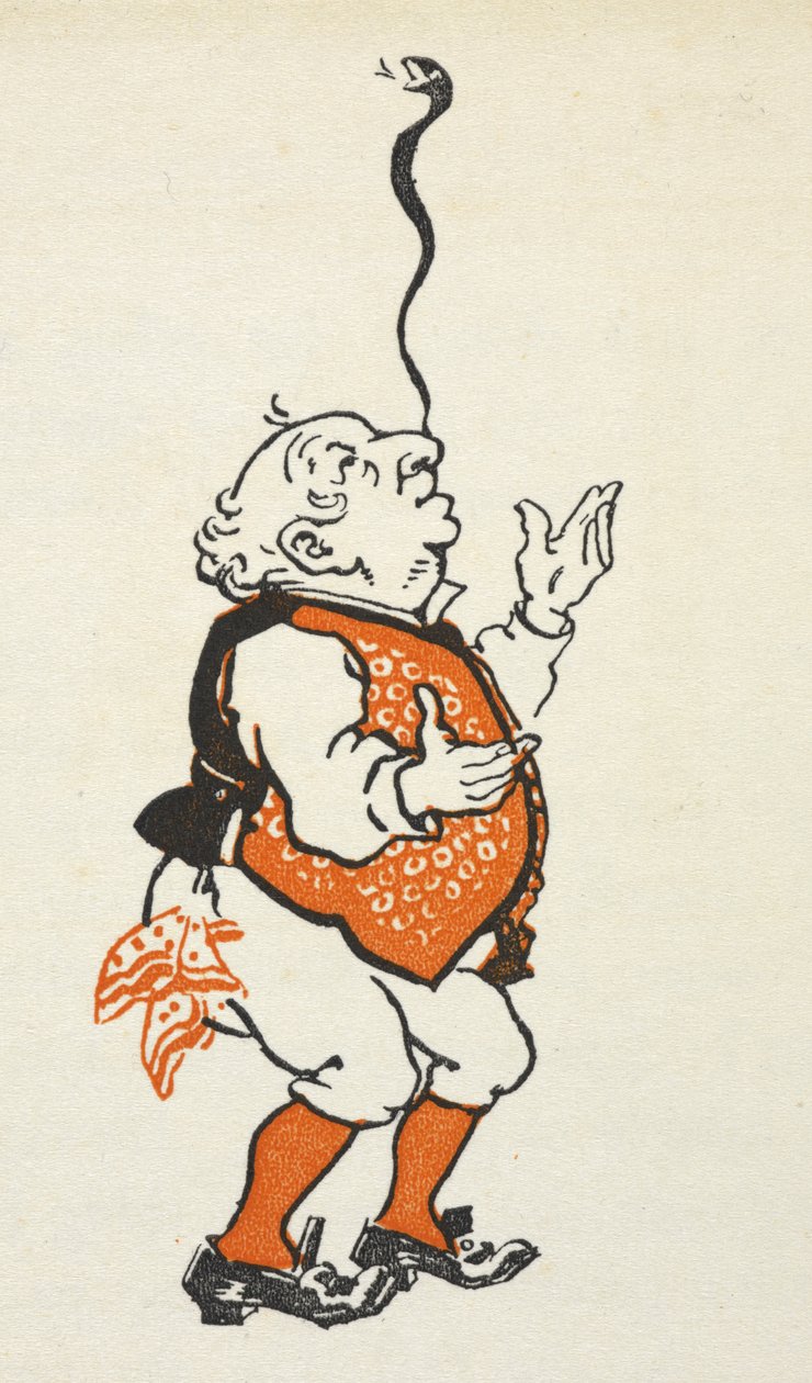 Illusztráció egy elegánsan öltözött férfiról, aki egy kígyót egyensúlyoz az orrán. alkotó: Gwynedd M. Hudson