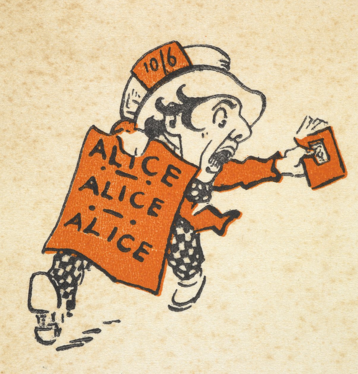 Illusztráció az őrült kalaposról, aki egy könyvvel és egy „Alice Alice Alice” feliratú táblával fut. alkotó: Gwynedd M. Hudson