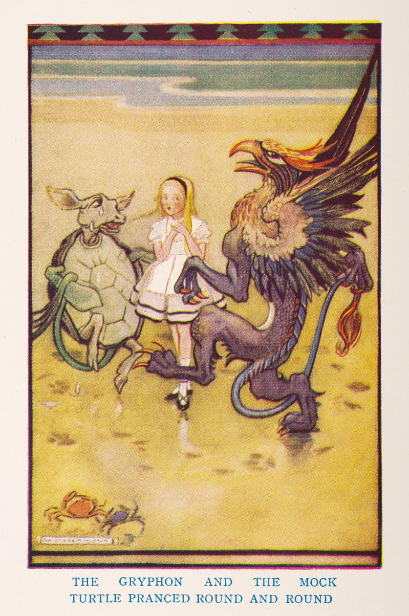A Gryphon és a gúnyteknős körbe-körbe járkált, az Alice Csodaországban óvodából / újra elmesélte a gyerekszobának Irene Pearl; a képeket Gwynedd Hudson készítette alkotó: Gwynedd M. Hudson