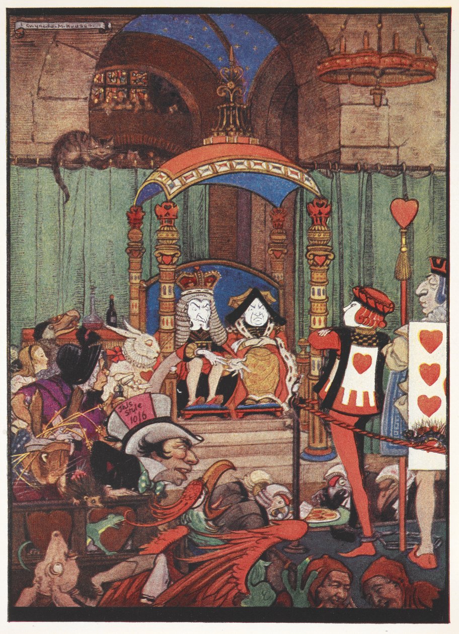 A szív király és a szív királynő a trónjukon az udvarban a szívbűbáj tárgyalása alatt. alkotó: Gwynedd M. Hudson