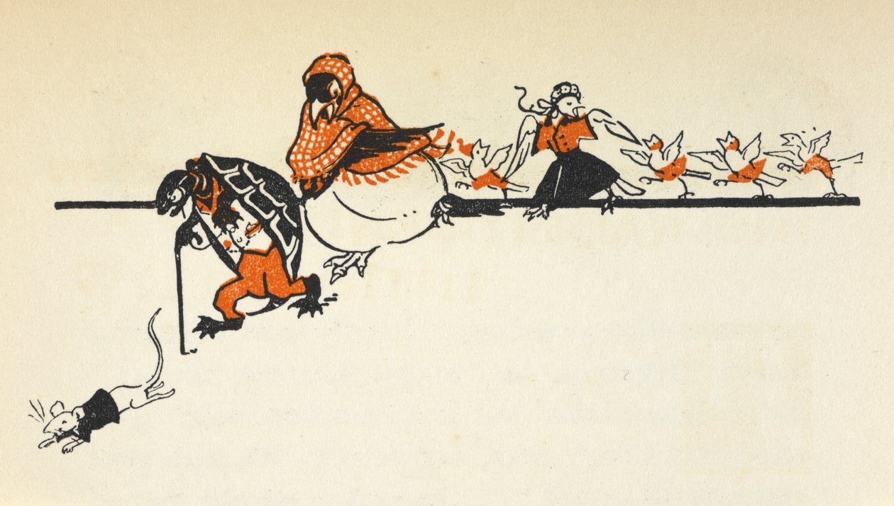 Különböző állatok a Caucus Race-ből, köztük egy egér, teknős, holló és csibék. alkotó: Gwynedd M. Hudson
