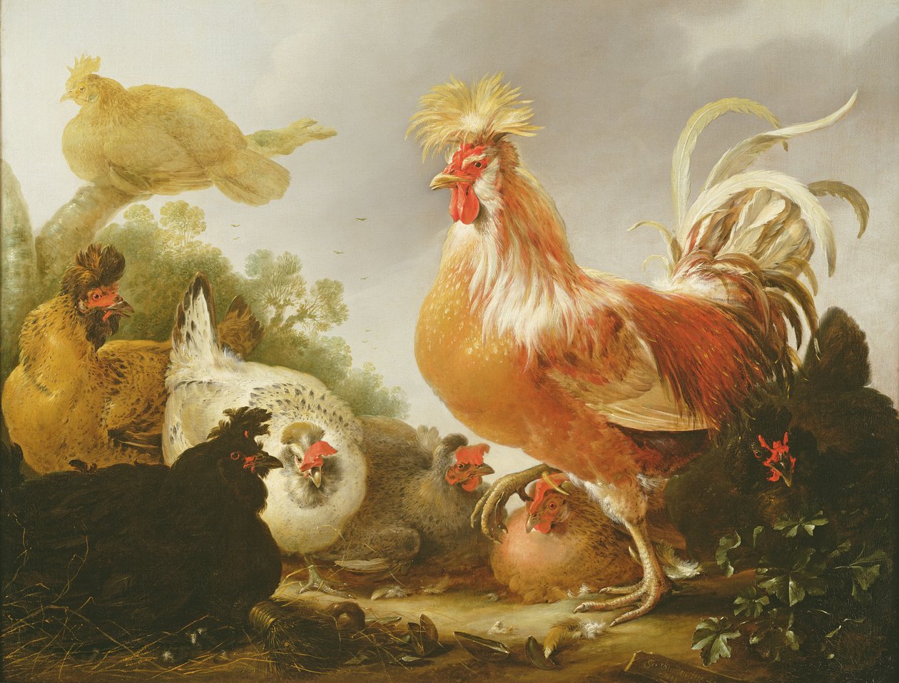 Kakas és tyúkok egy tájban, 1649 alkotó: Gysbert Hondecoeter