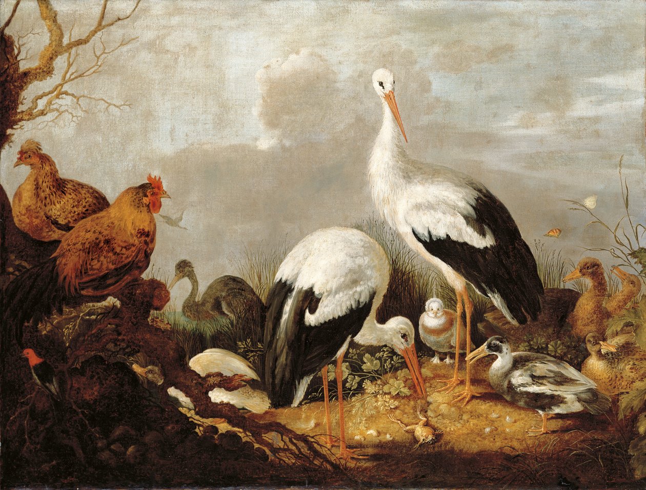 Gólyák, tőkés récék, csirkék, gém, béka és más madarak a folyón alkotó: Gysbert Hondecoeter