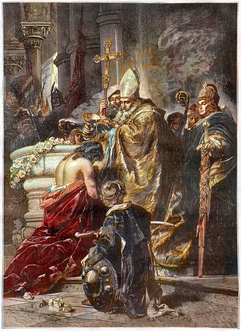 Szent István megkeresztelkedése (c970-1038), Szent és Magyarország első királya - prágai Adalbert keresztelte meg Benczur Gyula munkája után - Vajk magyar fejedelmet Prágai Szent Adalbert kereszteli meg, és felveszi István nevét (Szent). István I. Ki alkotó: Gyula Benczúr