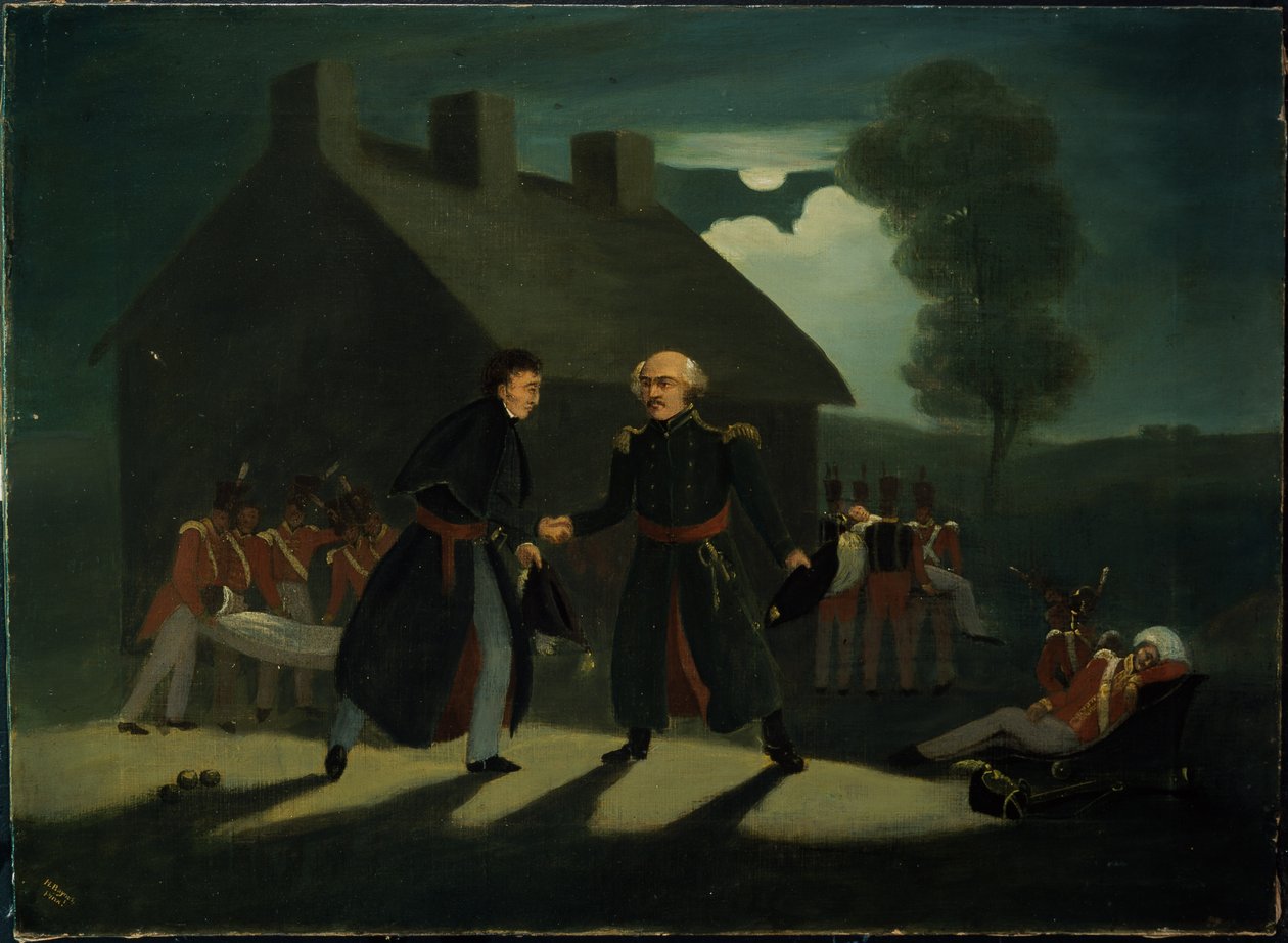 Wellington (1769-1852) és Blucher (1742-1819) találkozása a La Belle Szövetségnél a waterlooi csata után, 1820 körül alkotó: H. Baynes