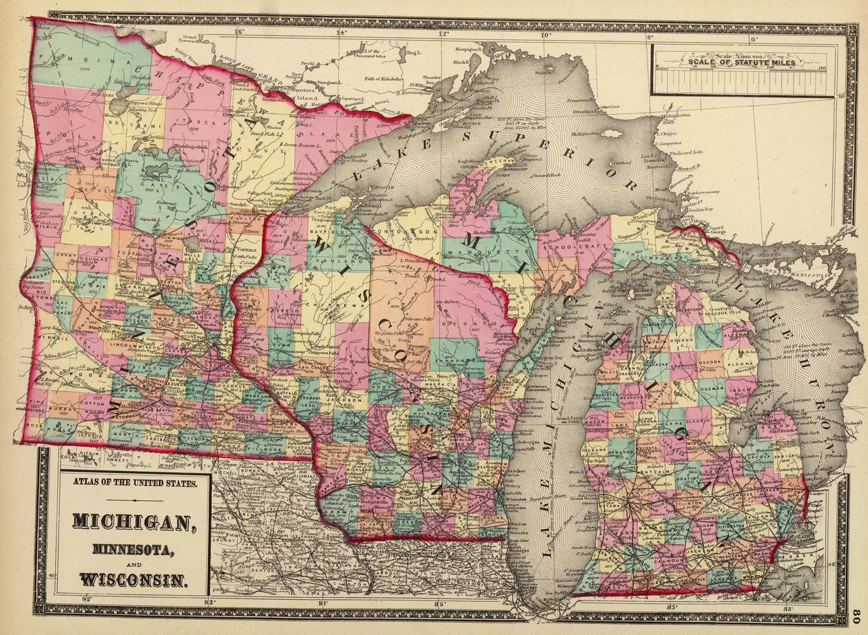 1872 -es térkép Minnesota, Wisconsin és Michigan államokról alkotó: H. F.; Gray Walling