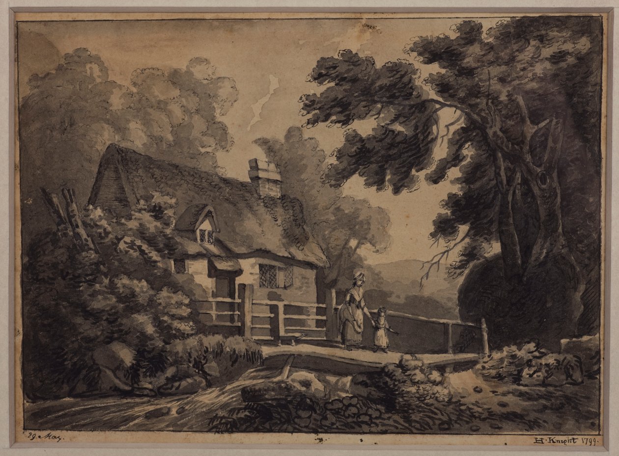 Anya és gyermeke patakon átkelve, 1799 (ceruza, tinta és mosás papíron) alkotó: H. Knight