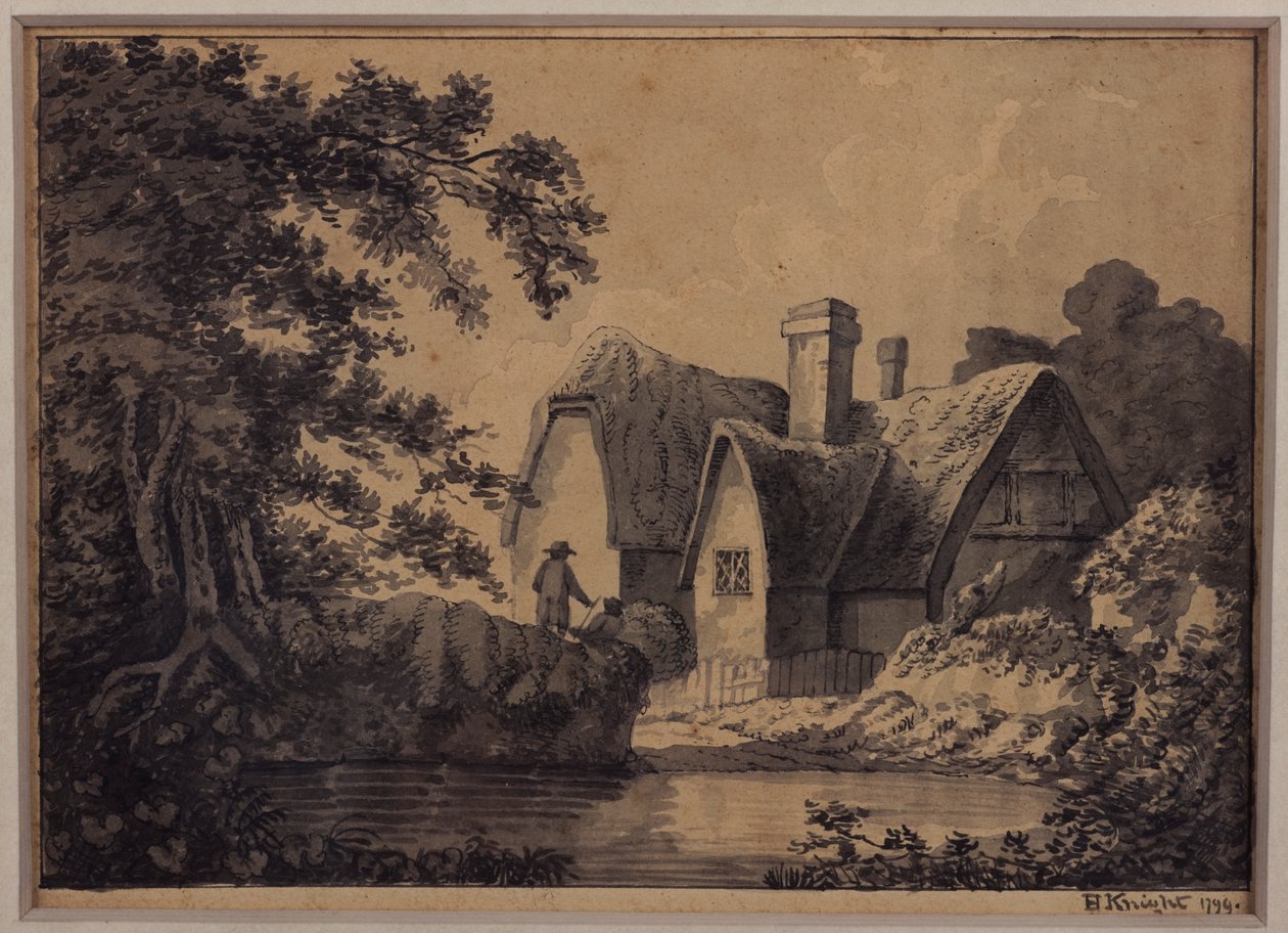 Kettő egy házikó mellett tájképben, 1799 (ceruza, tus és mosás, papír) alkotó: H. Knight