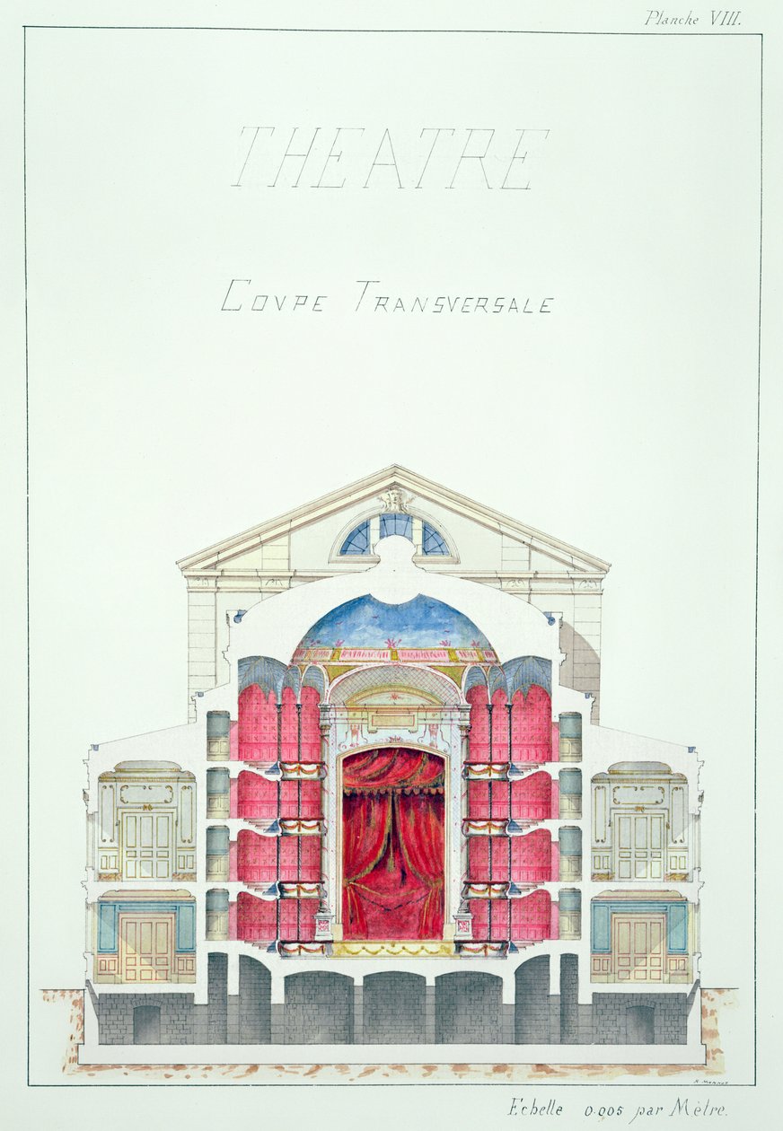 Színház keresztmetszete, VIII. tábla egy tervrajz fólióból, 1870 körül. alkotó: H. Monnot
