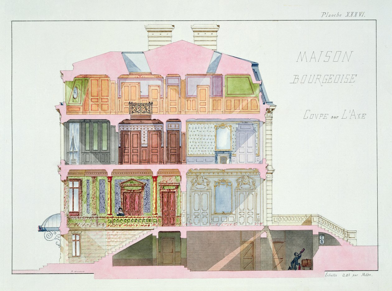 A polgárság házának keresztmetszete, XXXVI. tábla egy fóliótervből, 1870 körül. alkotó: H. Monnot
