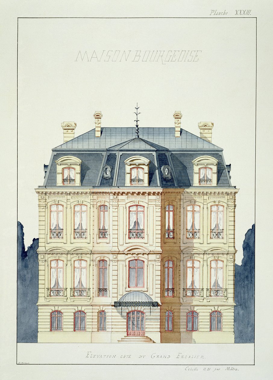 Egy polgári ház homlokzati homlokzata, XXXIII. tábla, egy fóliáns tervrajzból, 1870 körül alkotó: H. Monnot