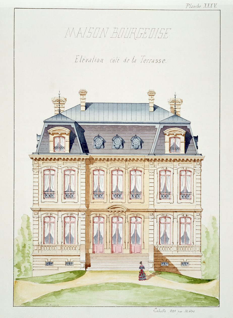 Egy polgári ház teraszának magaslata, XXXV. tábla, egy fóliáns tervrajzból, 1870 körül alkotó: H. Monnot