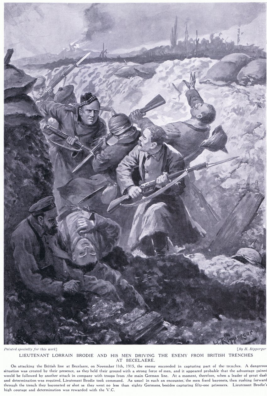 Lorrain Brodie hadnagy VC-t nyert, amiért 1915 novemberében kiűzte az ellenséget a brit lövészárokból Becelaere-nél. alkotó: H. Ripperger