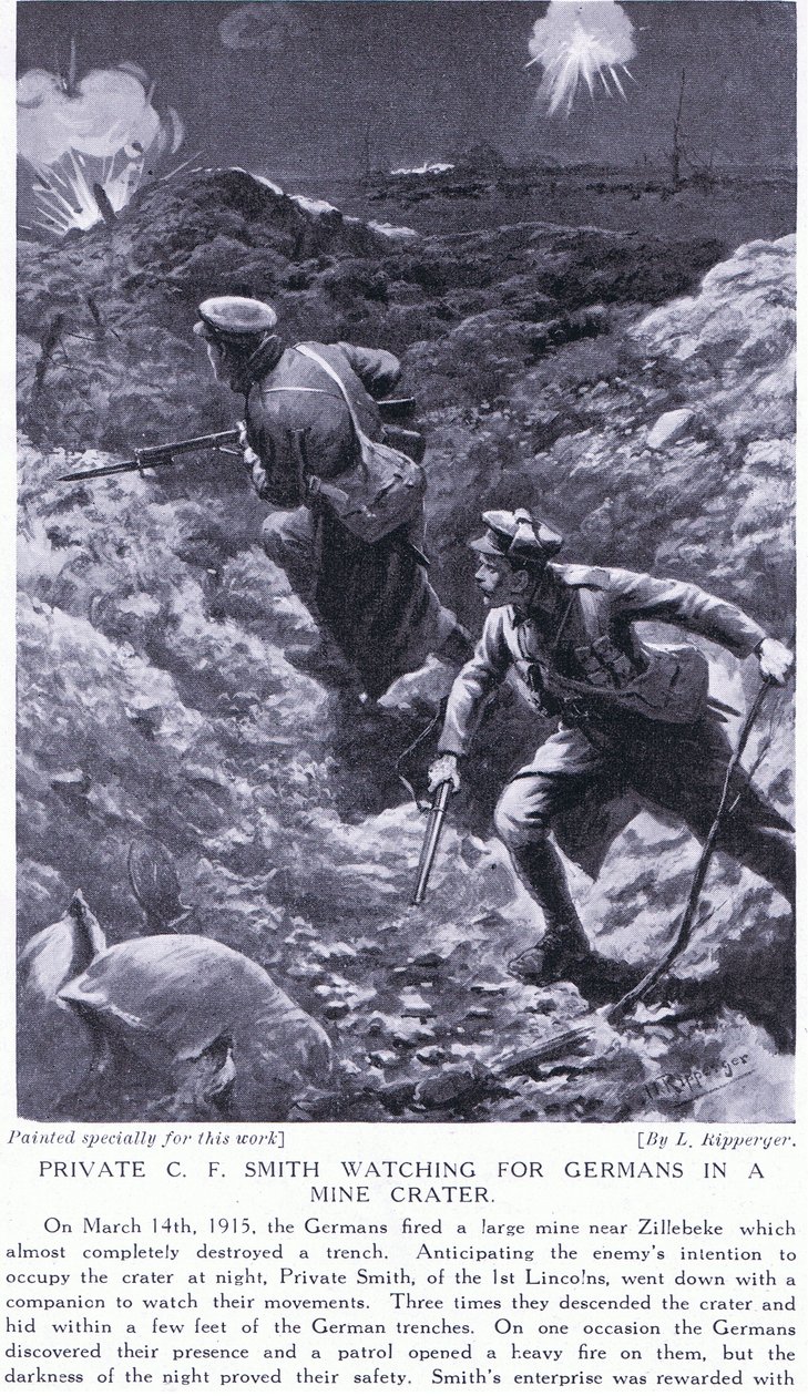 C. F. Smith közlegény 1915 márciusában németeket figyelt egy bányakráterben Zillebekénél alkotó: H. Ripperger