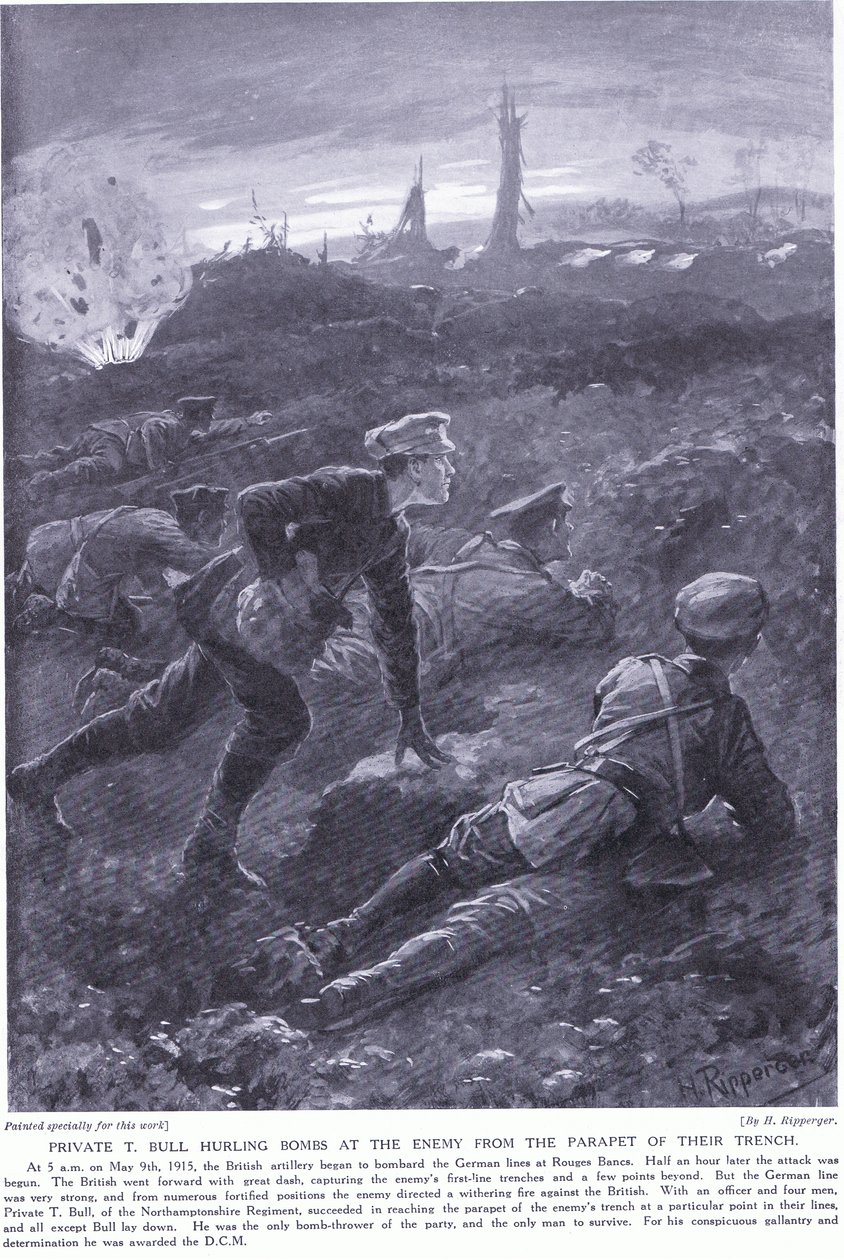 T Bull közlegény nyert egy DCM-et, amely bombákat dobott az ellenségre az árok mellvédjéről a Rouges Bancnál 1915. május. alkotó: H. Ripperger