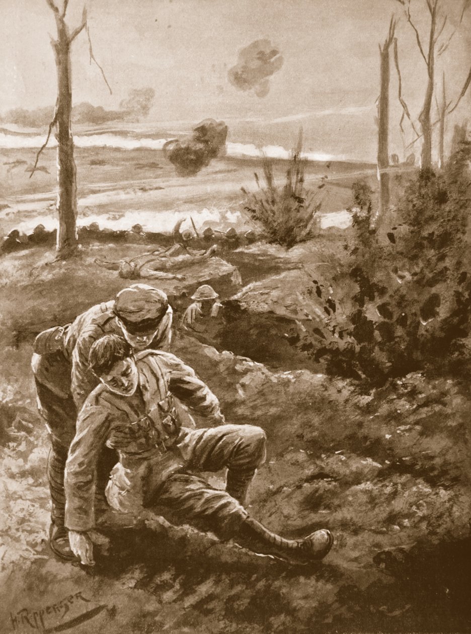 W.R.F. Addison tiszteletes egy sebesültet visz a lövészárok fedezékébe a heves puskatűz és géppuskatűz alatt. alkotó: H. Ripperger