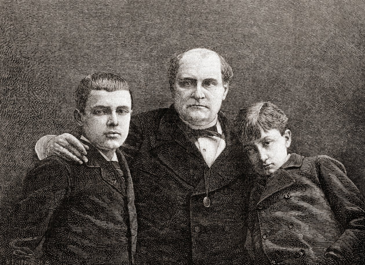Bonaparte Napóleon herceg két fiával, Viktorral és Lajossal, a The Century Illustrated Monthly Magazine 1884-es számából (fametszet). alkotó: H. Velten
