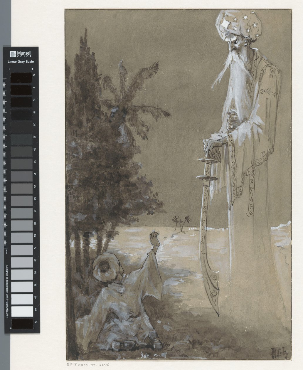 Magas, szakállas férfi lenéz egy ülő fiúra alkotó: H.C. Louwerse (signed by artist)