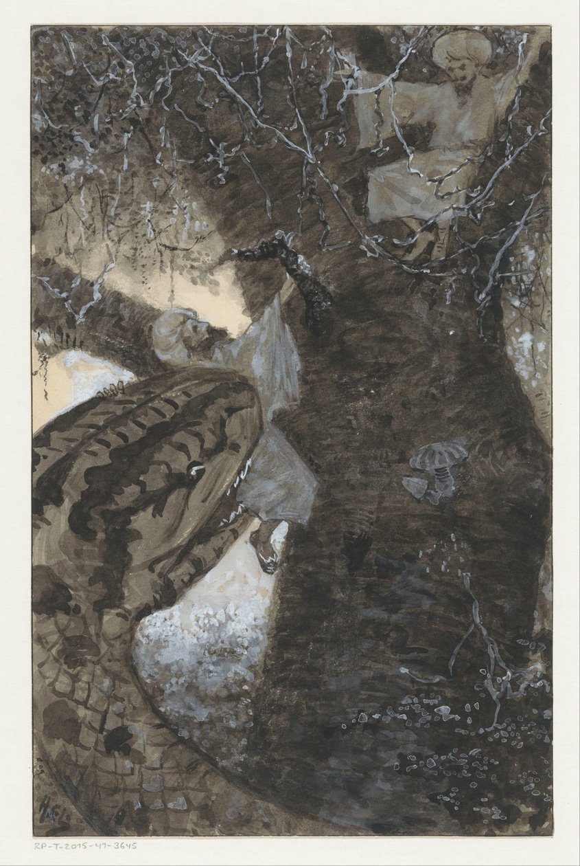 Az embert a fán megragadja egy kígyó alkotó: H.C. Louwerse (signed by artist)