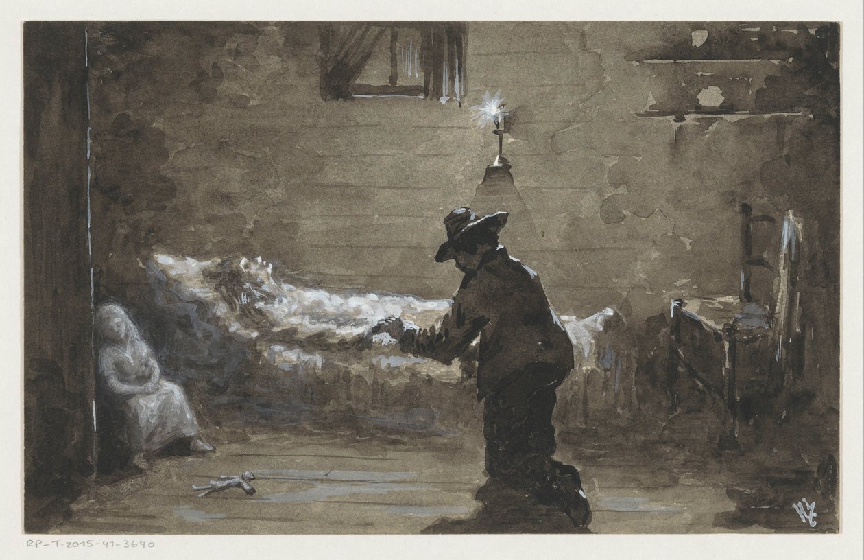 Férfi letérdel egy női ágy mellett alkotó: H.C. Louwerse (signed by artist)