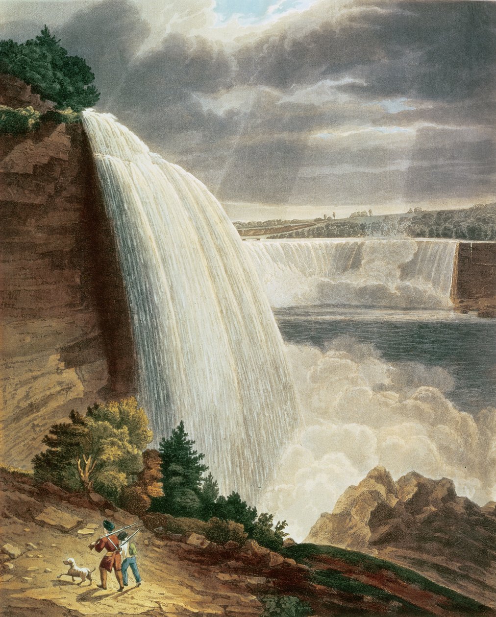 Niagara-vízesés, az amerikai vízesés része a lépcső lábától, metszett J. Hill, kocsma. H.L.Megarcy (színes metszet) alkotó: H.J. Bennett