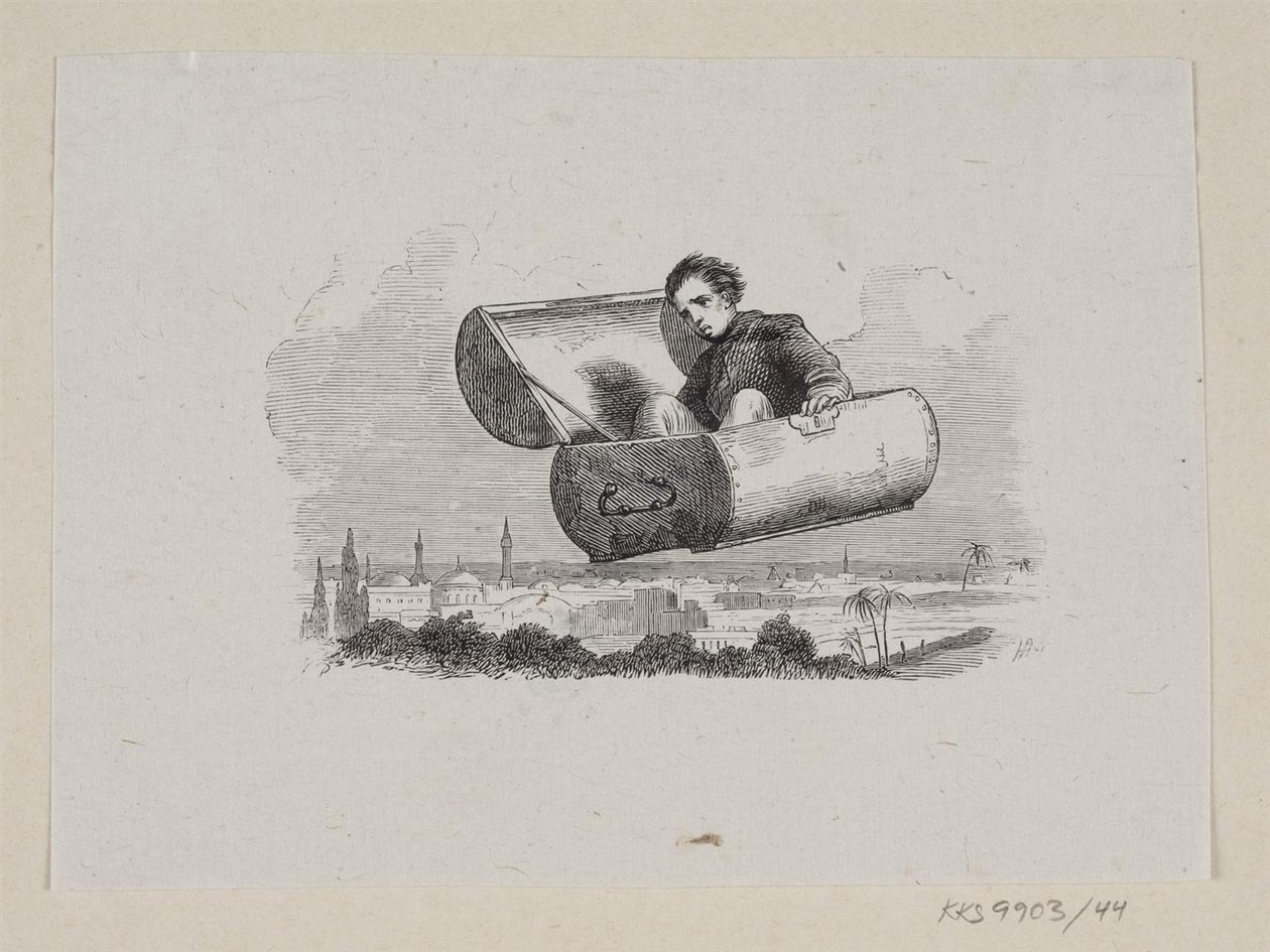 Illusztráció a "The Flying Suitcase"-hez H.C. Andersen, "Tündérmesék és történetek", 1. kötet alkotó: H.P. Hansen