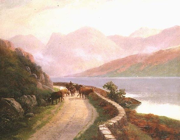 Drover tehenekkel a Buttermere-tónál, este alkotó: H.R. Hall