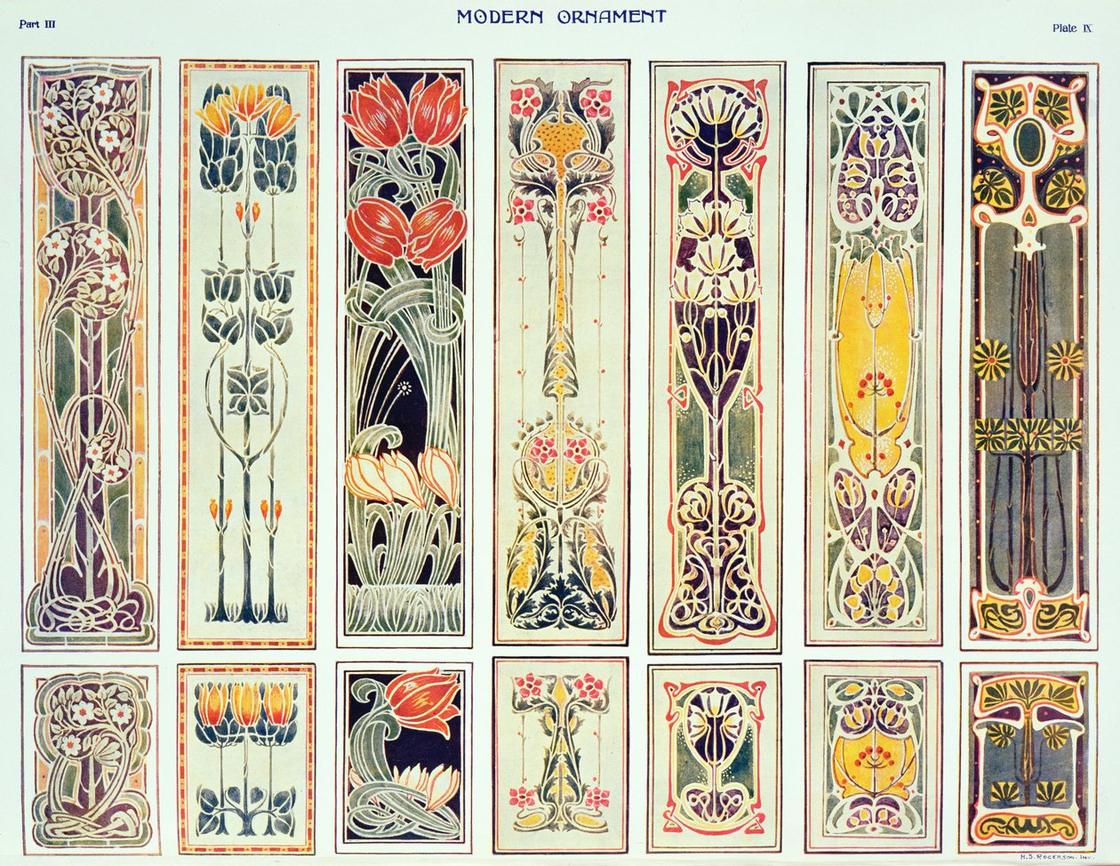 Válogatás paneltervekből, IX. tábla a "Modern Ornament" című kiadványból, melyet a Decorative Art Journal Company Ltd. adott ki 1900 körül. alkotó: H.Summerfield Rogerson