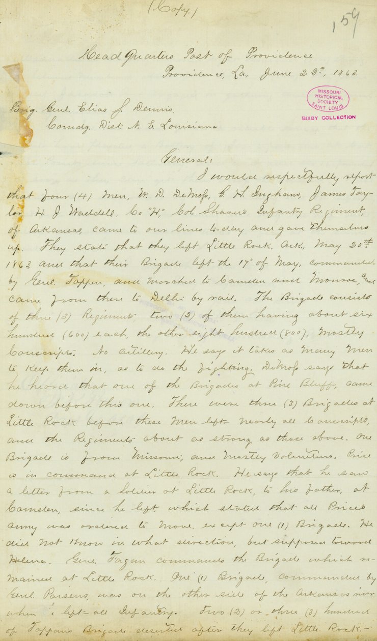 Levél H. T. Reidtől, székhely, Providence Post, Louisiana, Elias S. Dennis dandártábornokhoz, 1863. június 22. alkotó: H.T. Reid