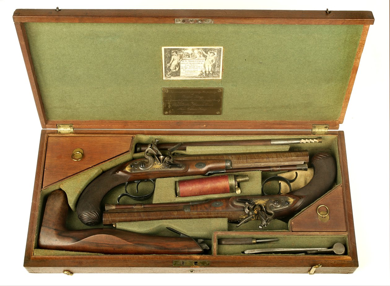 Pár Flintlock párbaj pisztoly tokkal és tartozékokkal, 1780-1800 körül (vegyes technika) alkotó: H.W. Mortimer and Sons