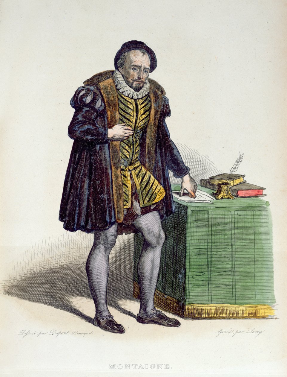 Michel Eyquem de Montaigne (1533-92) E. Mennechet „Le Plutarque Francais” című művéből, 1835 (színes metszet) alkotó: H. Dupont