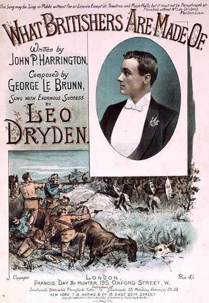 A John P. Harrington által írt és George le Brunn által komponált "What Britishers Are Made Of" (színes litográfia) zenei borítójának előlapja. alkotó: H. G. Banks
