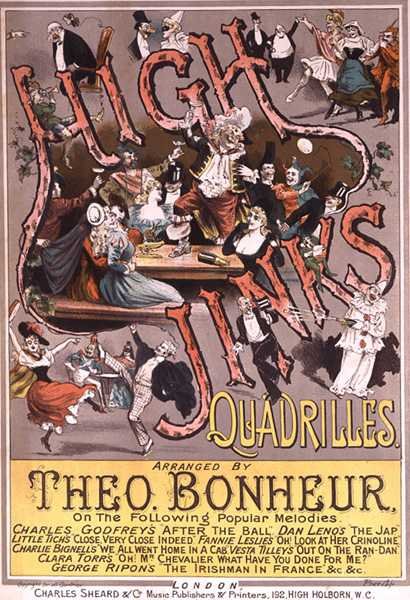 A „High Jinks Quadrilles” kottájának előlapja, Theo Bonheur hangszerelésében (színes litó) alkotó: H. G. Banks