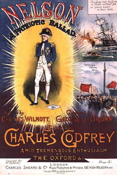 A Charles Wilmott által írt és George le Brunn által komponált "Nelson, A Patriotic Ballad" (színes litográfia) kottájának címlapja. alkotó: H. G. Banks