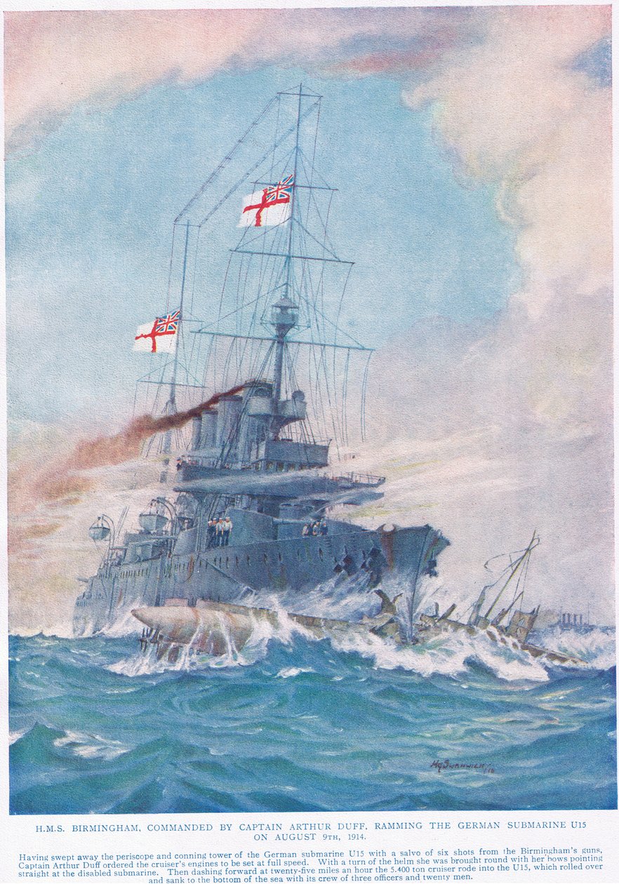 Az Arthur Duff kapitány parancsnoksága alatt álló HMS Birmingham 1914. augusztus 9-én a német U15 tengeralattjáróba rohant, illusztráció a "Deeds that Thrill the Empire" című könyvből, kiadta a Hutchinson és Co., 1920 körül (színes kép). alkotó: H. G. Swanwick
