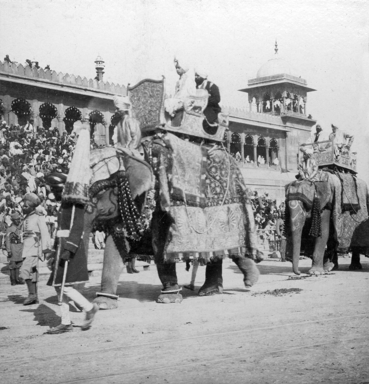 Elefántmenet Jumma Masjid mellett, Delhi, India, 1900-as évek. alkotó: H. Hands and Son