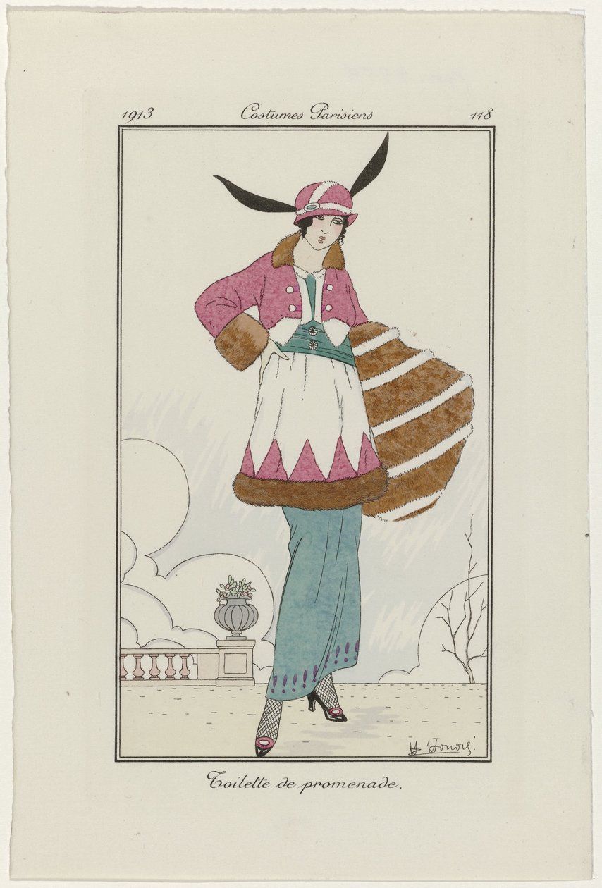 Journal of Ladies and Fashions: the Fashion Illustrators Journal of Ladies and Fashions: Fashion News Journal des Dames et des Modes, Costumes Parisiens, 1913, 118. sz.: WC egy sétához alkotó: H. Honore