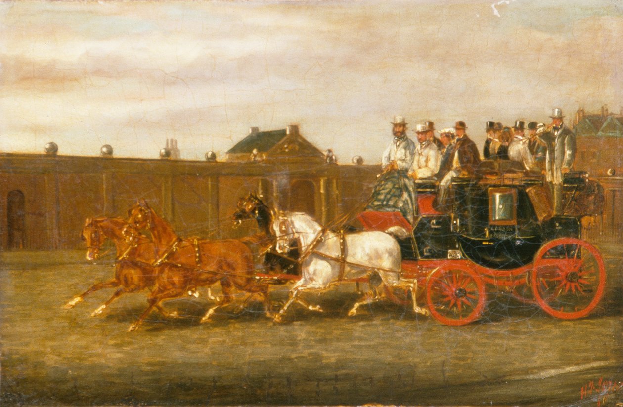 London és Brighton közötti autóbusz az úton (olaj, vászon) alkotó: H. J. Jones