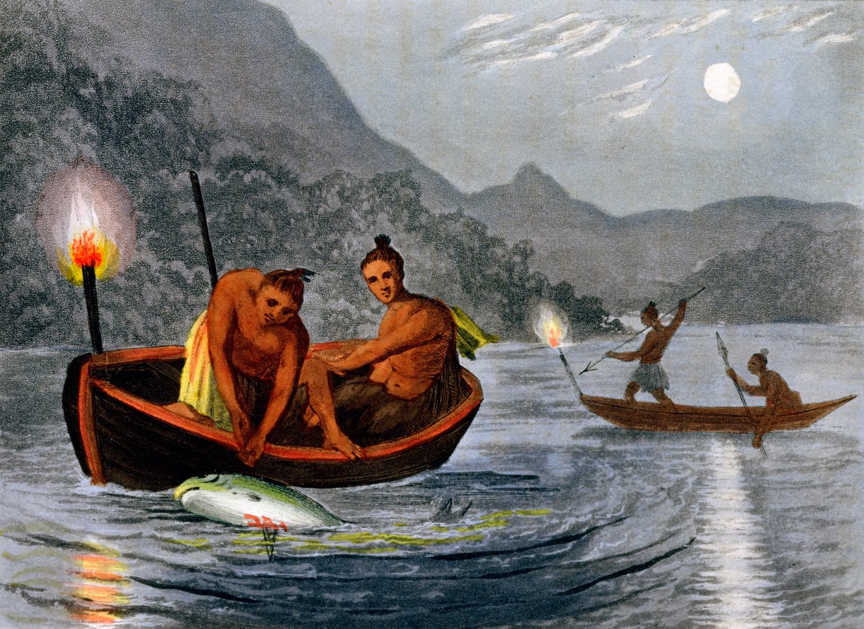 Fáklyafényben halászó indiánok Észak-Amerikában, 1813 alkotó: H Merke