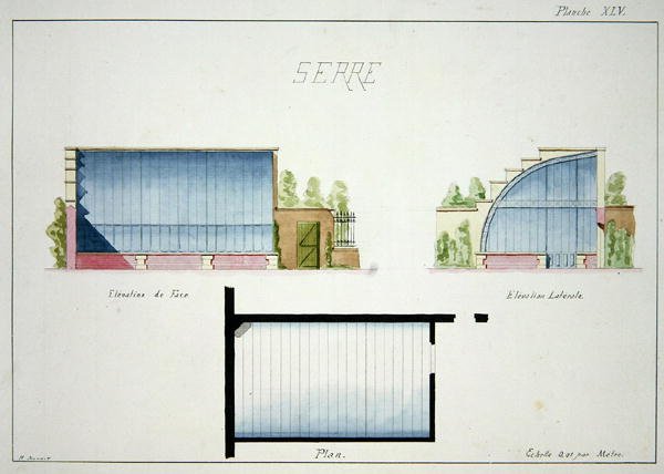 Üvegház tervezése ívelt üvegfalakkal és tetővel, eredeti rajzok fóliójából klasszikus és korai Belle-Epoque stílusban, 1870 körül (toll és tinta papíron) alkotó: H. Monnot